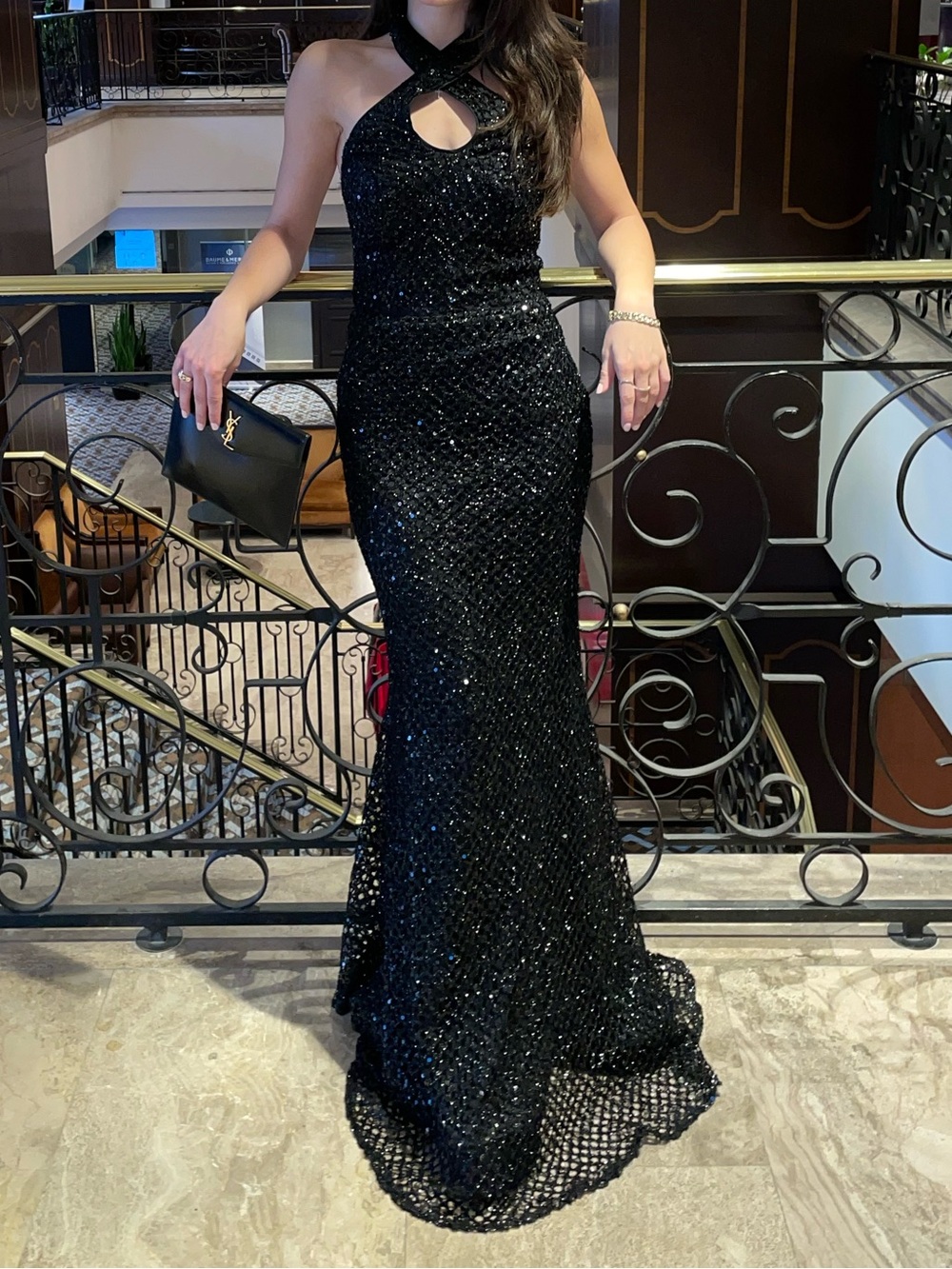 Elegant Black Sequin Halter Evening Gown